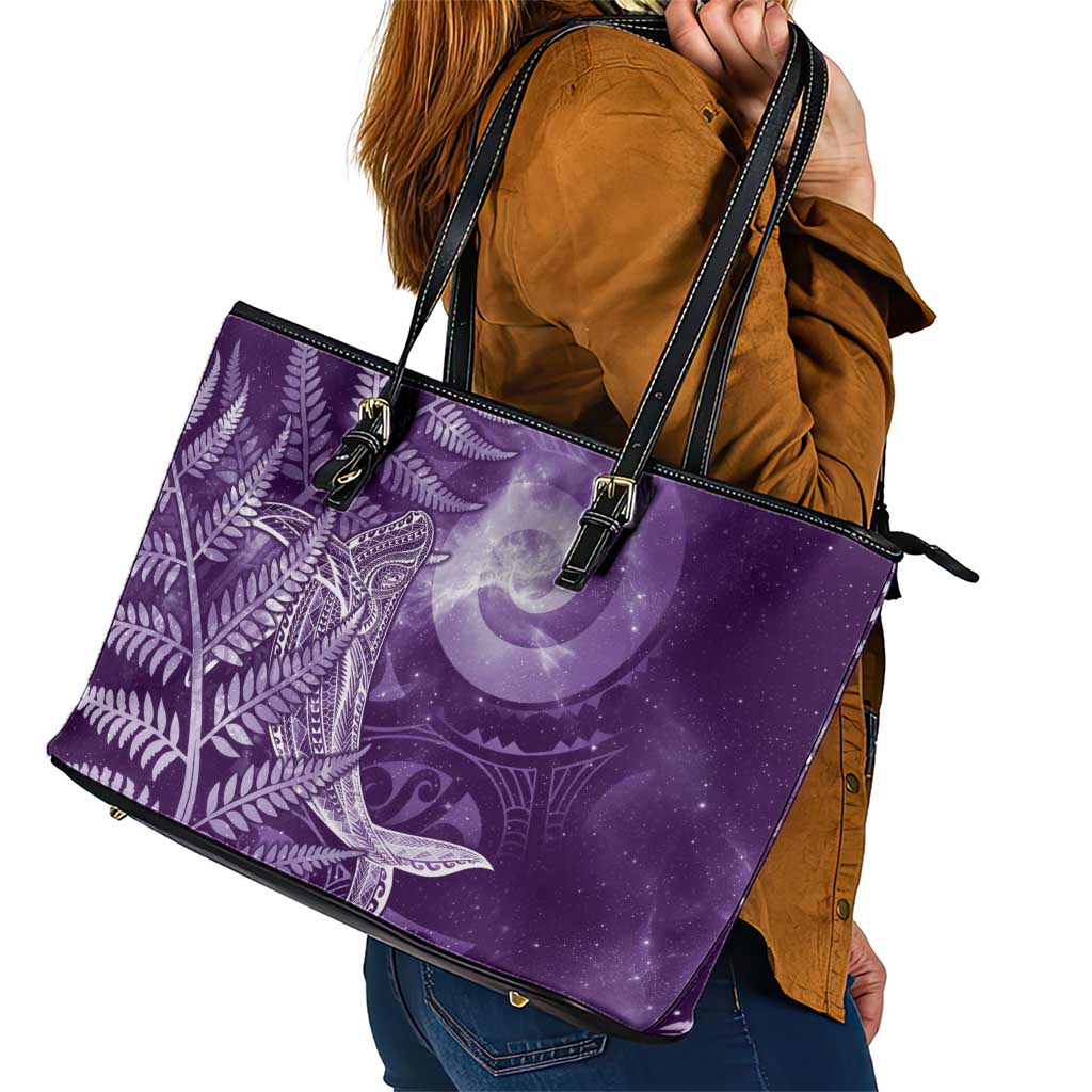New Zealand Matariki Leather Tote Bag Maori Koru With Humpback Whale Purple