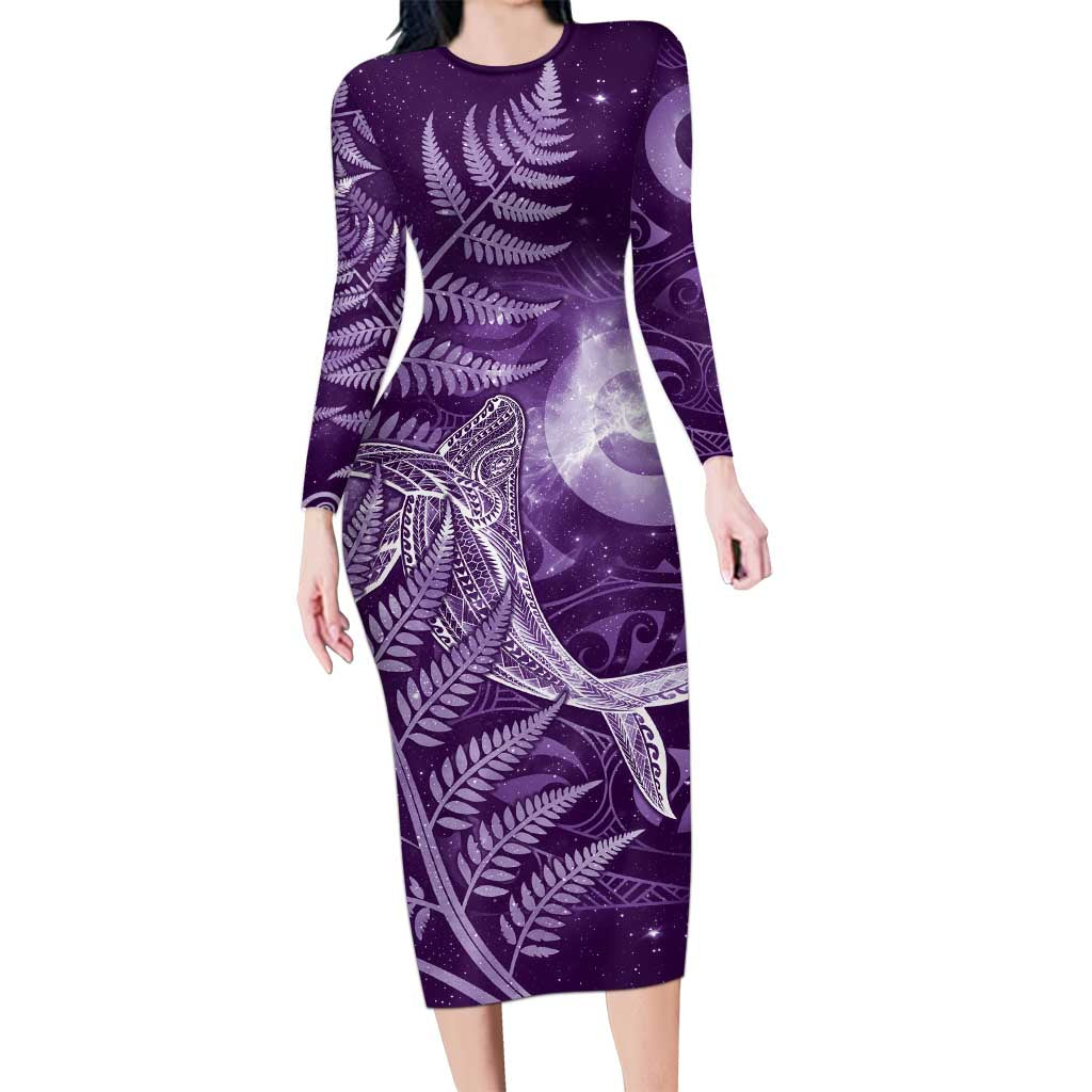 New Zealand Matariki Long Sleeve Bodycon Dress Maori Koru With Humpback Whale Purple LT05 Long Dress Purple - Polynesian Pride