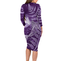 New Zealand Matariki Long Sleeve Bodycon Dress Maori Koru With Humpback Whale Purple LT05 - Polynesian Pride