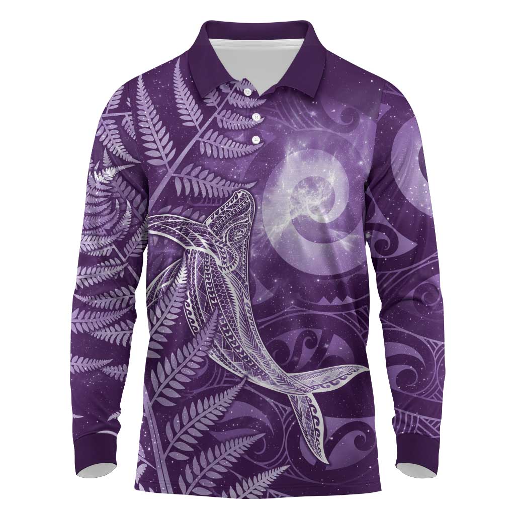 New Zealand Matariki Long Sleeve Polo Shirt Maori Koru With Humpback Whale Purple LT05 Purple - Polynesian Pride