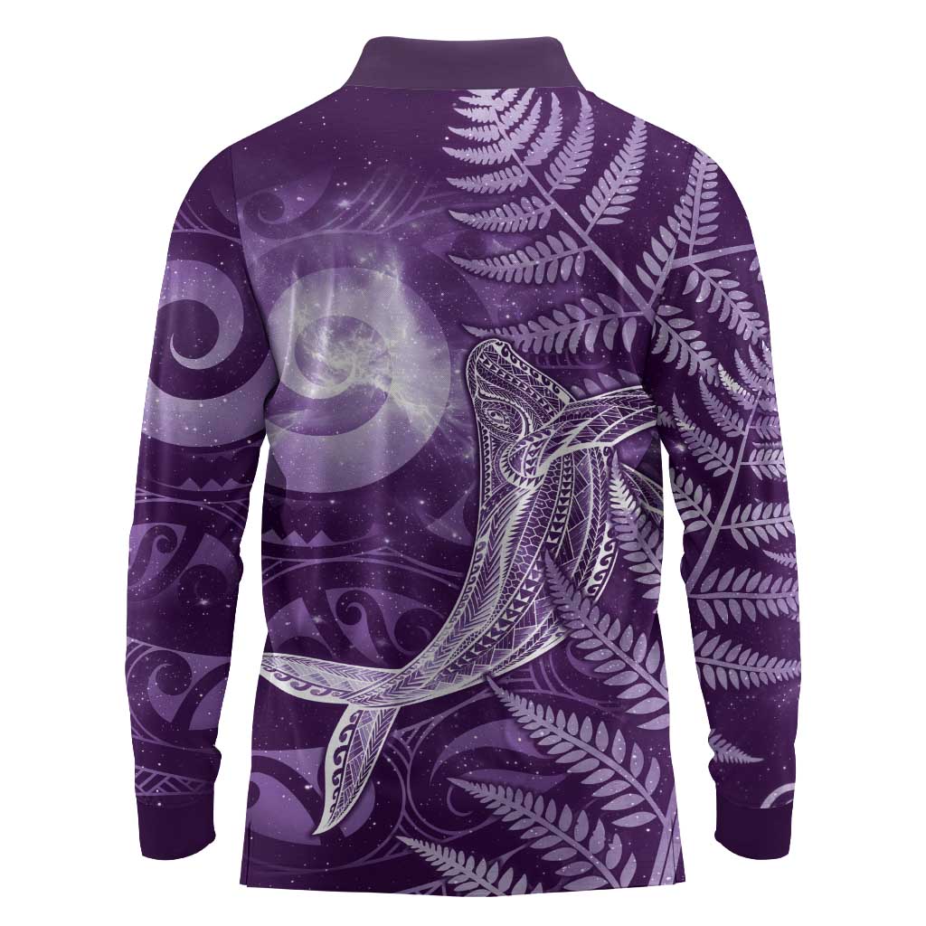 New Zealand Matariki Long Sleeve Polo Shirt Maori Koru With Humpback Whale Purple LT05 - Polynesian Pride