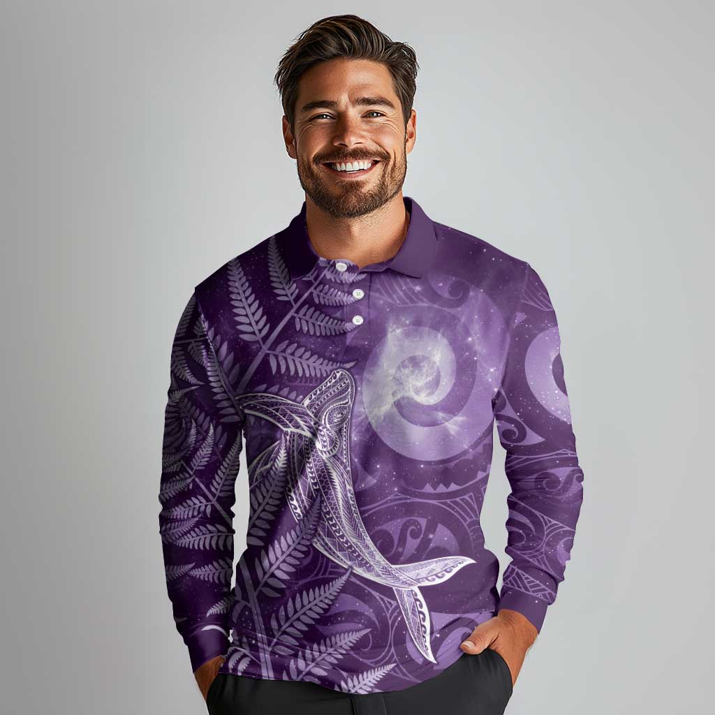 New Zealand Matariki Long Sleeve Polo Shirt Maori Koru With Humpback Whale Purple LT05 - Polynesian Pride