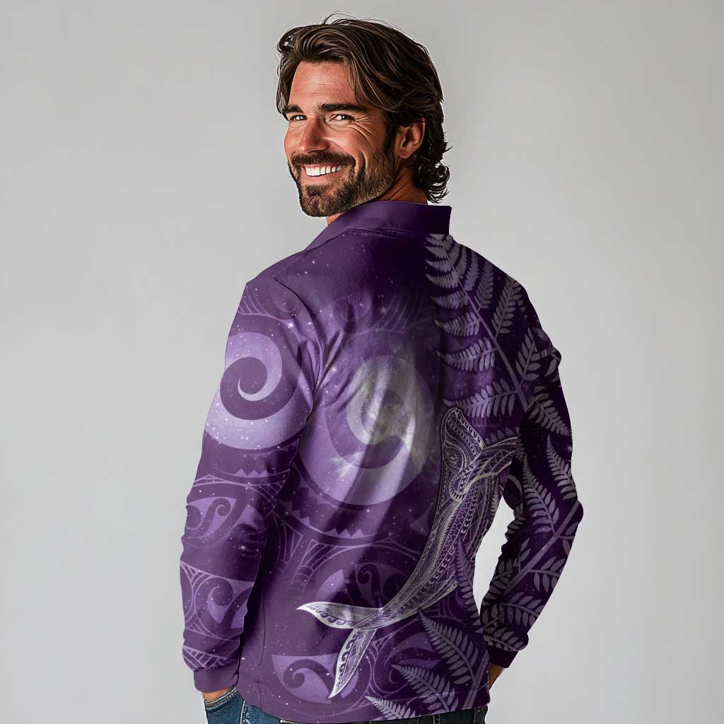 New Zealand Matariki Long Sleeve Polo Shirt Maori Koru With Humpback Whale Purple LT05 - Polynesian Pride