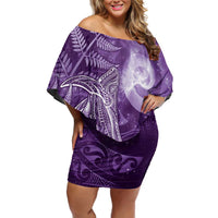New Zealand Matariki Off Shoulder Short Dress Maori Koru With Humpback Whale Purple LT05 Women Purple - Polynesian Pride