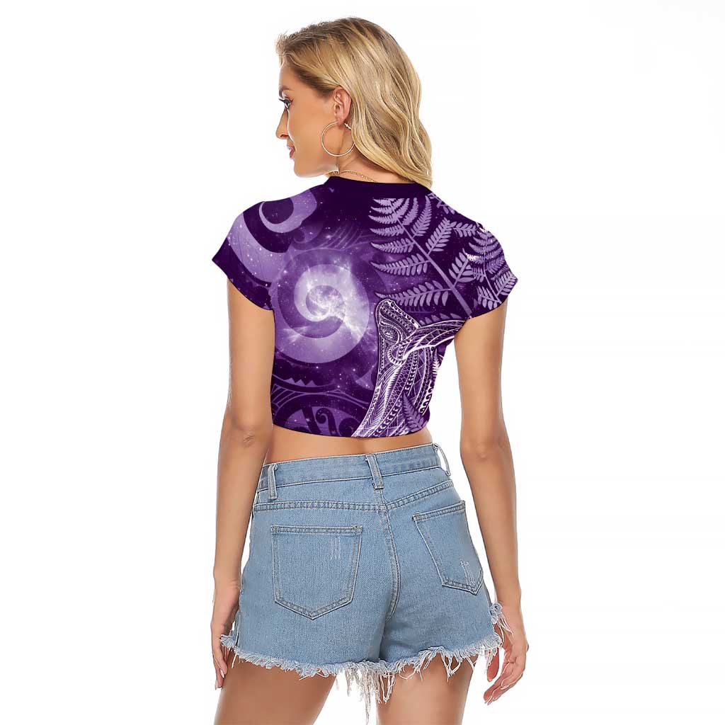New Zealand Matariki Raglan Cropped T Shirt Maori Koru With Humpback Whale Purple LT05 - Polynesian Pride