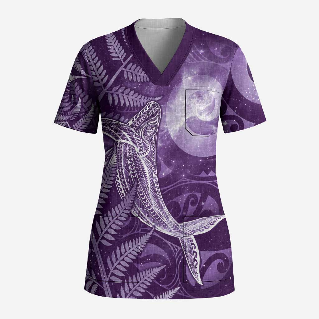 New Zealand Matariki Scrub Top Maori Koru With Humpback Whale Purple