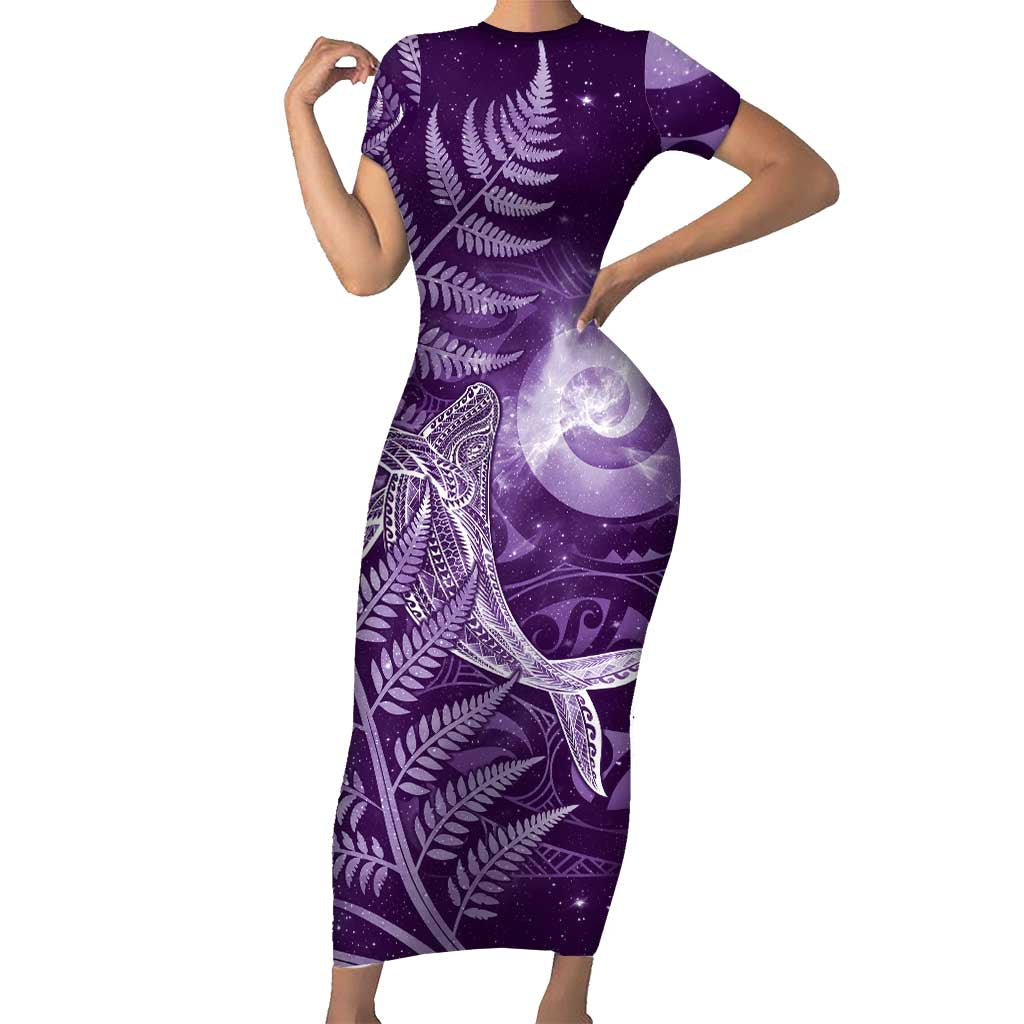 New Zealand Matariki Short Sleeve Bodycon Dress Maori Koru With Humpback Whale Purple