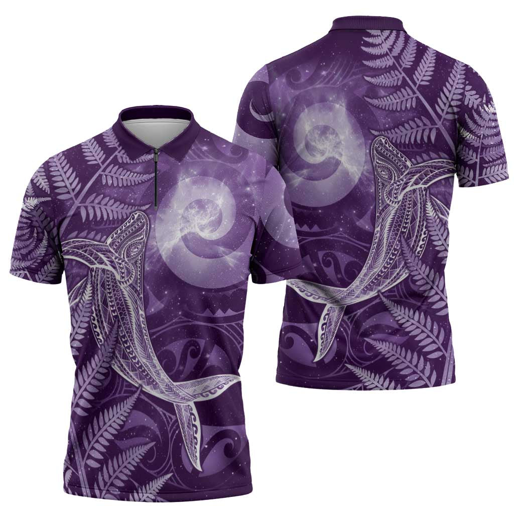 New Zealand Matariki Zipper Polo Shirt Maori Koru With Humpback Whale Purple LT05 - Polynesian Pride