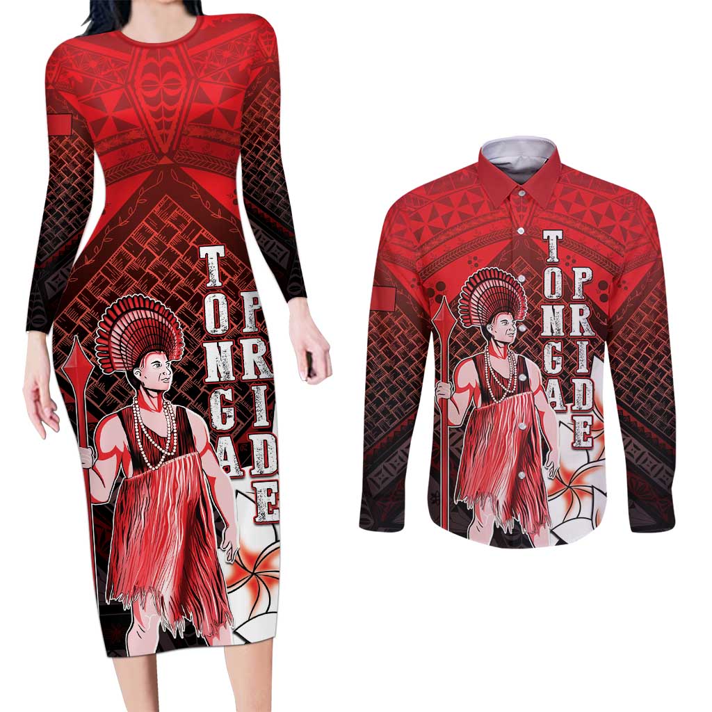 The First King Of Tonga Couples Matching Long Sleeve Bodycon Dress and Long Sleeve Button Shirt Tongan Pride LT05 Red - Polynesian Pride