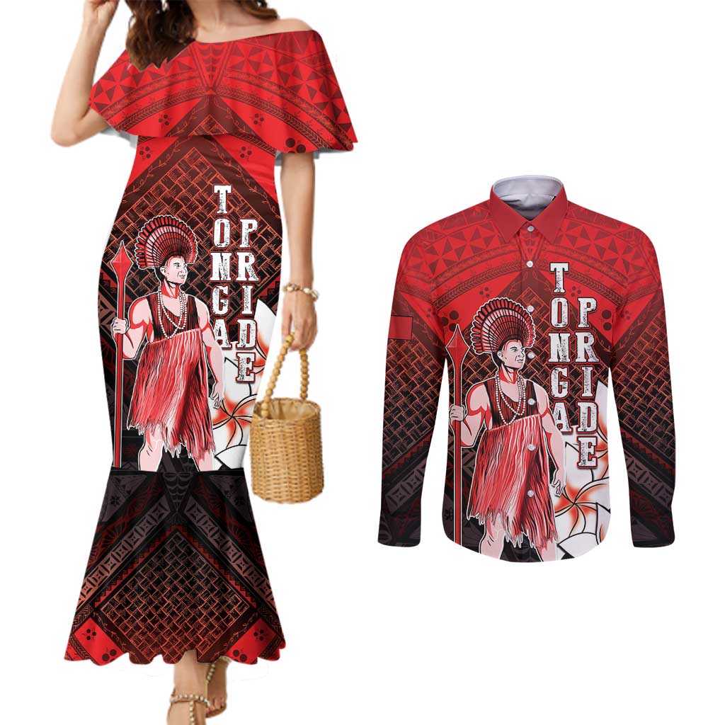 The First King Of Tonga Couples Matching Mermaid Dress and Long Sleeve Button Shirt Tongan Pride LT05 Red - Polynesian Pride