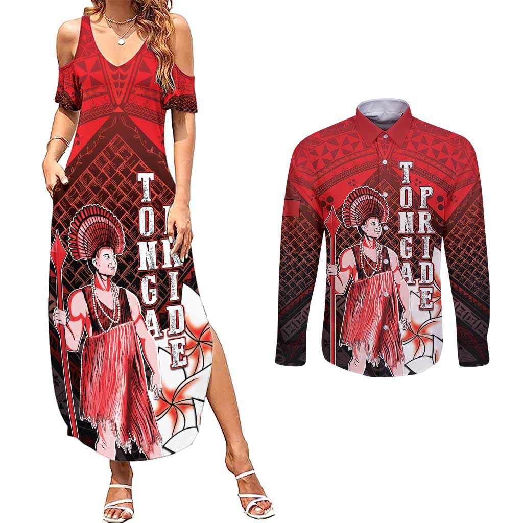 The First King Of Tonga Couples Matching Summer Maxi Dress and Long Sleeve Button Shirt Tongan Pride LT05 Red - Polynesian Pride