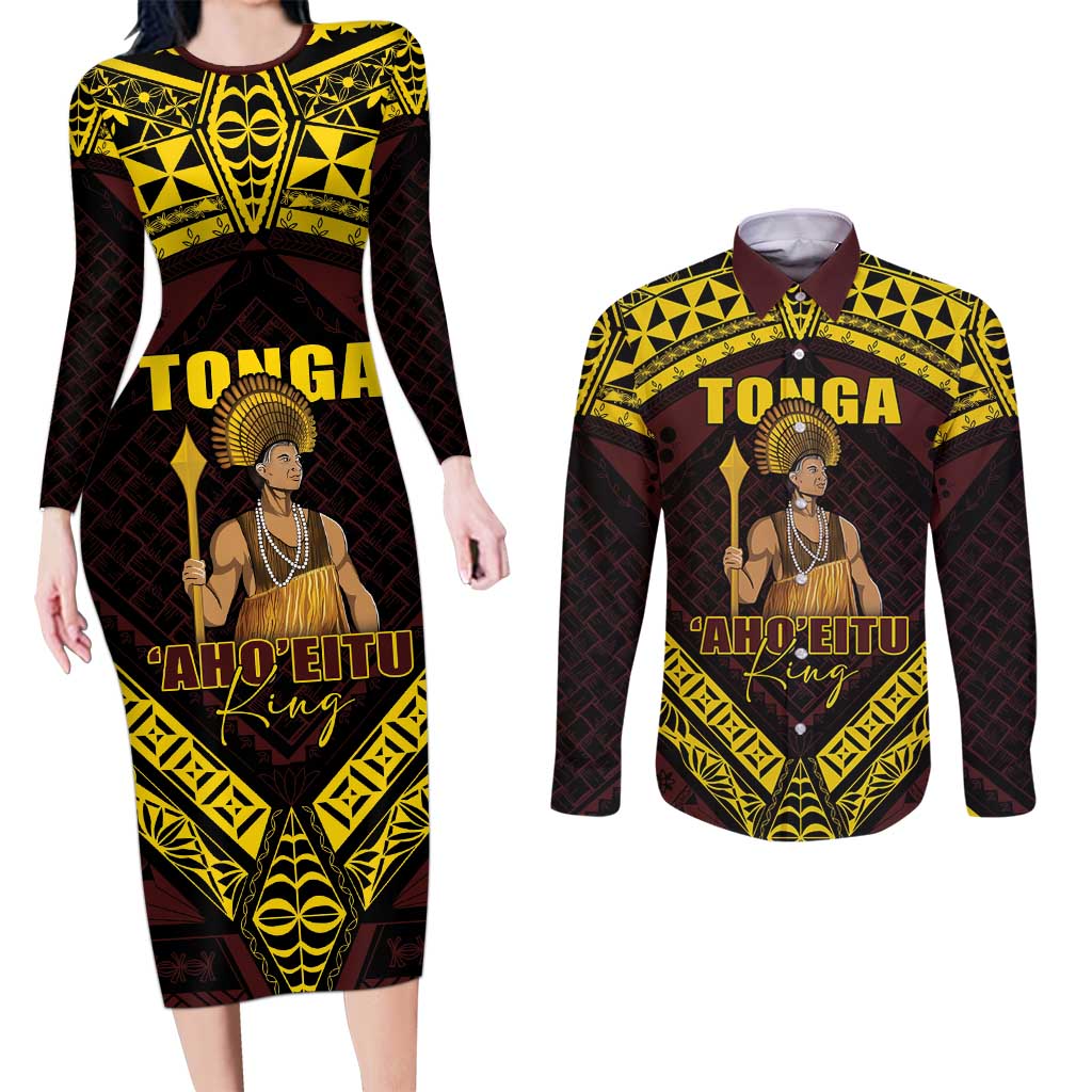 Tonga First King Couples Matching Long Sleeve Bodycon Dress and Long Sleeve Button Shirt Ahoeitu Know Your Roots LT05 Maroon - Polynesian Pride