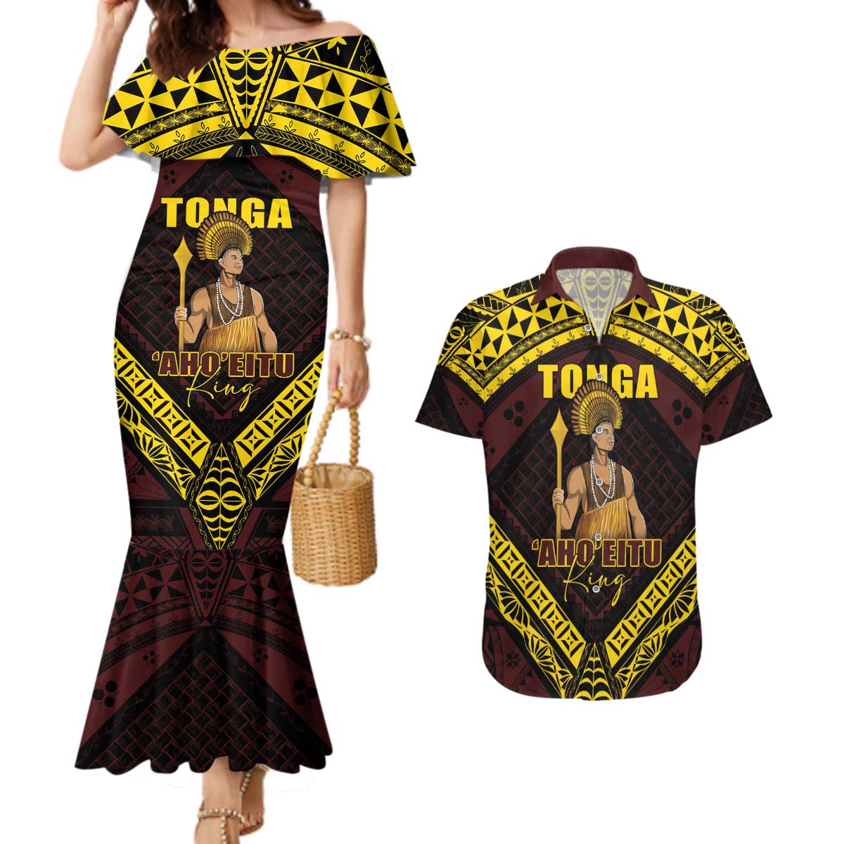 Tonga First King Couples Matching Mermaid Dress and Hawaiian Shirt Ahoeitu Know Your Roots LT05 Maroon - Polynesian Pride