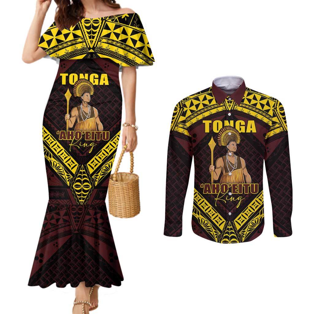 Tonga First King Couples Matching Mermaid Dress and Long Sleeve Button Shirt Ahoeitu Know Your Roots LT05 Maroon - Polynesian Pride