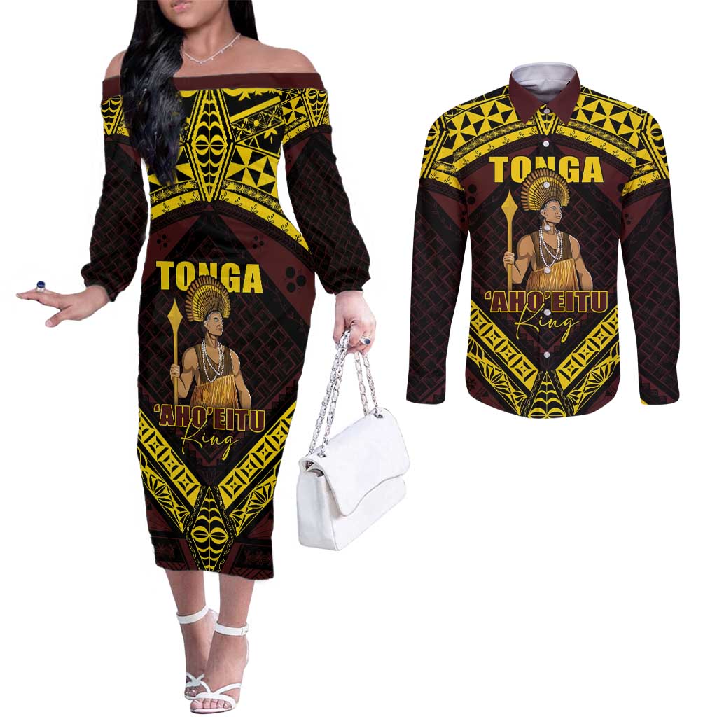 Tonga First King Couples Matching Off The Shoulder Long Sleeve Dress and Long Sleeve Button Shirt Ahoeitu Know Your Roots LT05 Maroon - Polynesian Pride