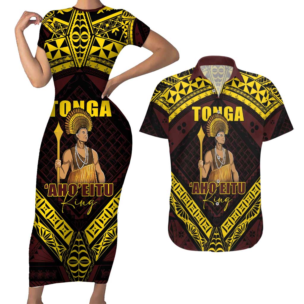 Tonga First King Couples Matching Short Sleeve Bodycon Dress and Hawaiian Shirt Ahoeitu Know Your Roots LT05 Maroon - Polynesian Pride