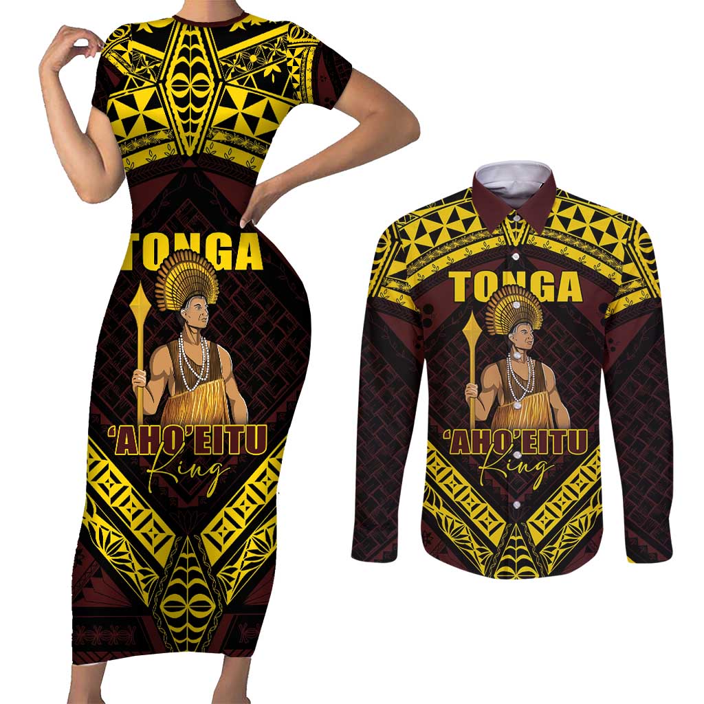 Tonga First King Couples Matching Short Sleeve Bodycon Dress and Long Sleeve Button Shirt Ahoeitu Know Your Roots LT05 Maroon - Polynesian Pride