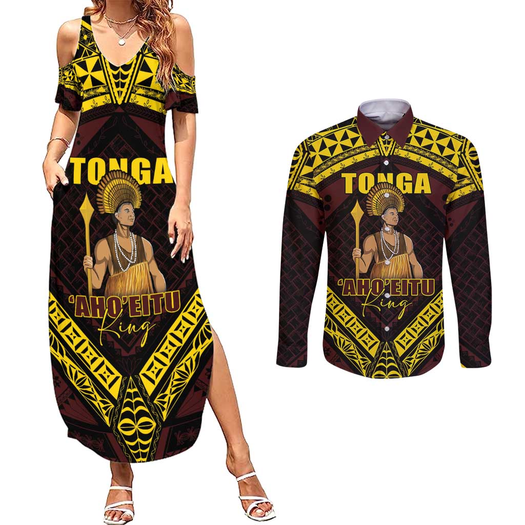 Tonga First King Couples Matching Summer Maxi Dress and Long Sleeve Button Shirt Ahoeitu Know Your Roots LT05 Maroon - Polynesian Pride