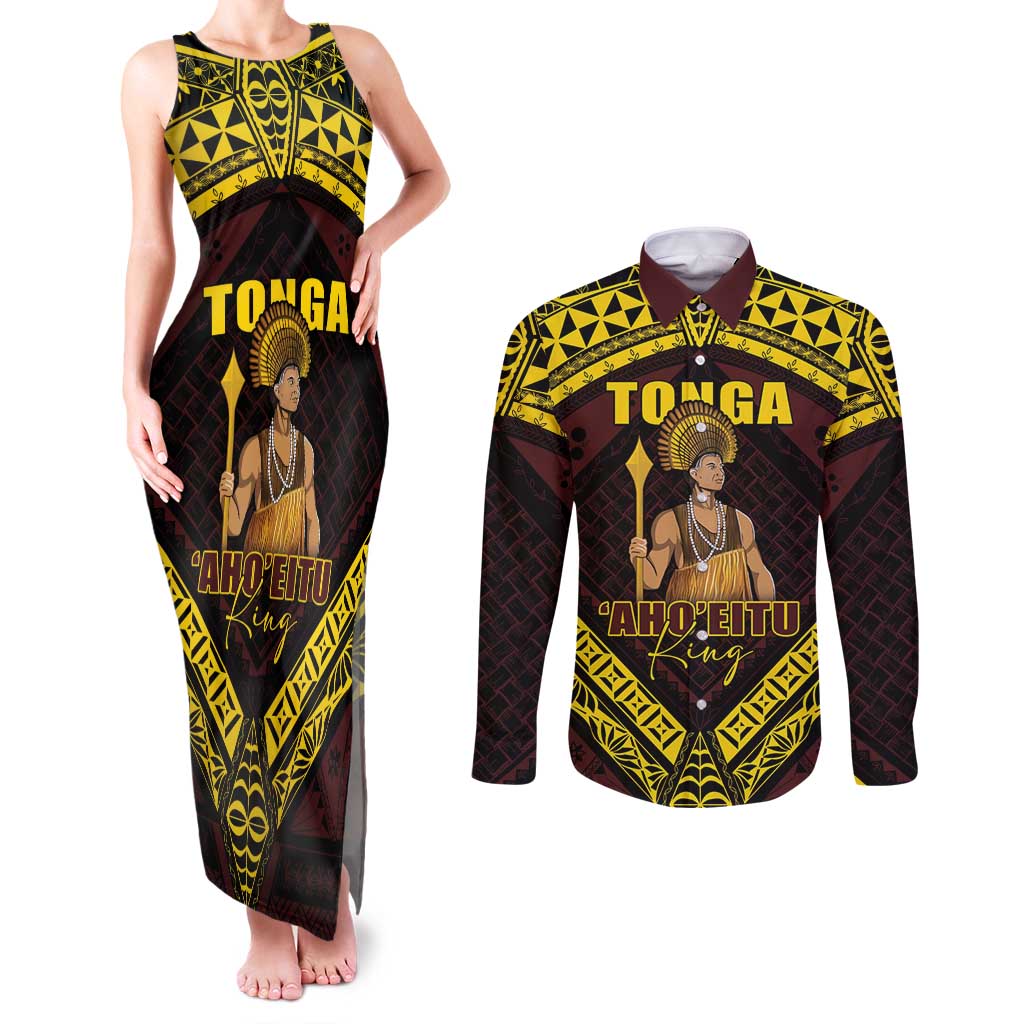 Tonga First King Couples Matching Tank Maxi Dress and Long Sleeve Button Shirt Ahoeitu Know Your Roots LT05 Maroon - Polynesian Pride