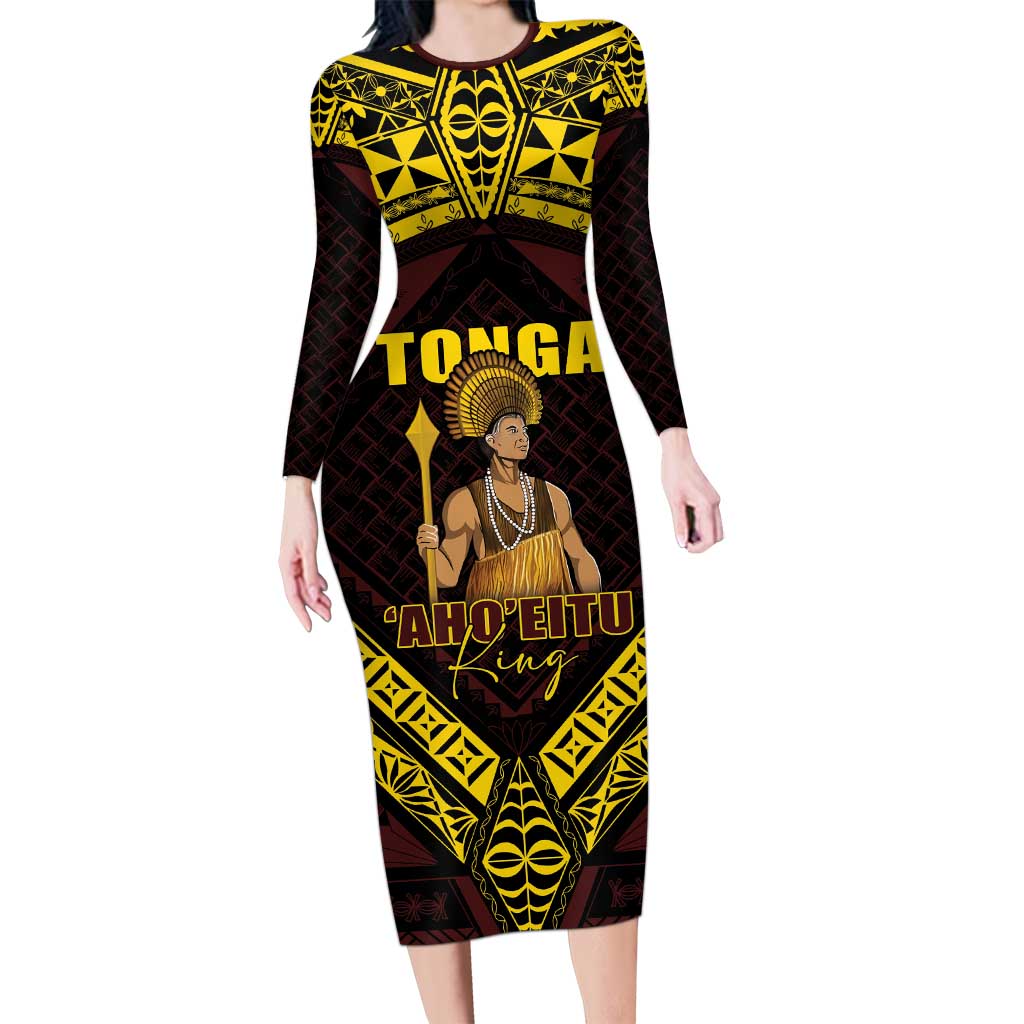 Tonga First King Family Matching Long Sleeve Bodycon Dress and Hawaiian Shirt Ahoeitu Know Your Roots LT05 Mom's Dress Maroon - Polynesian Pride