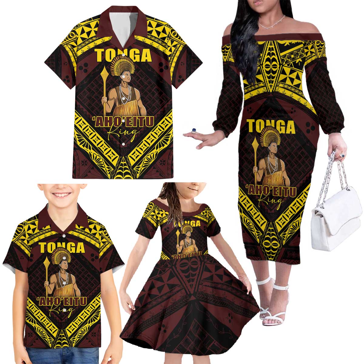 Tonga First King Family Matching Off The Shoulder Long Sleeve Dress and Hawaiian Shirt Ahoeitu Know Your Roots LT05 - Polynesian Pride
