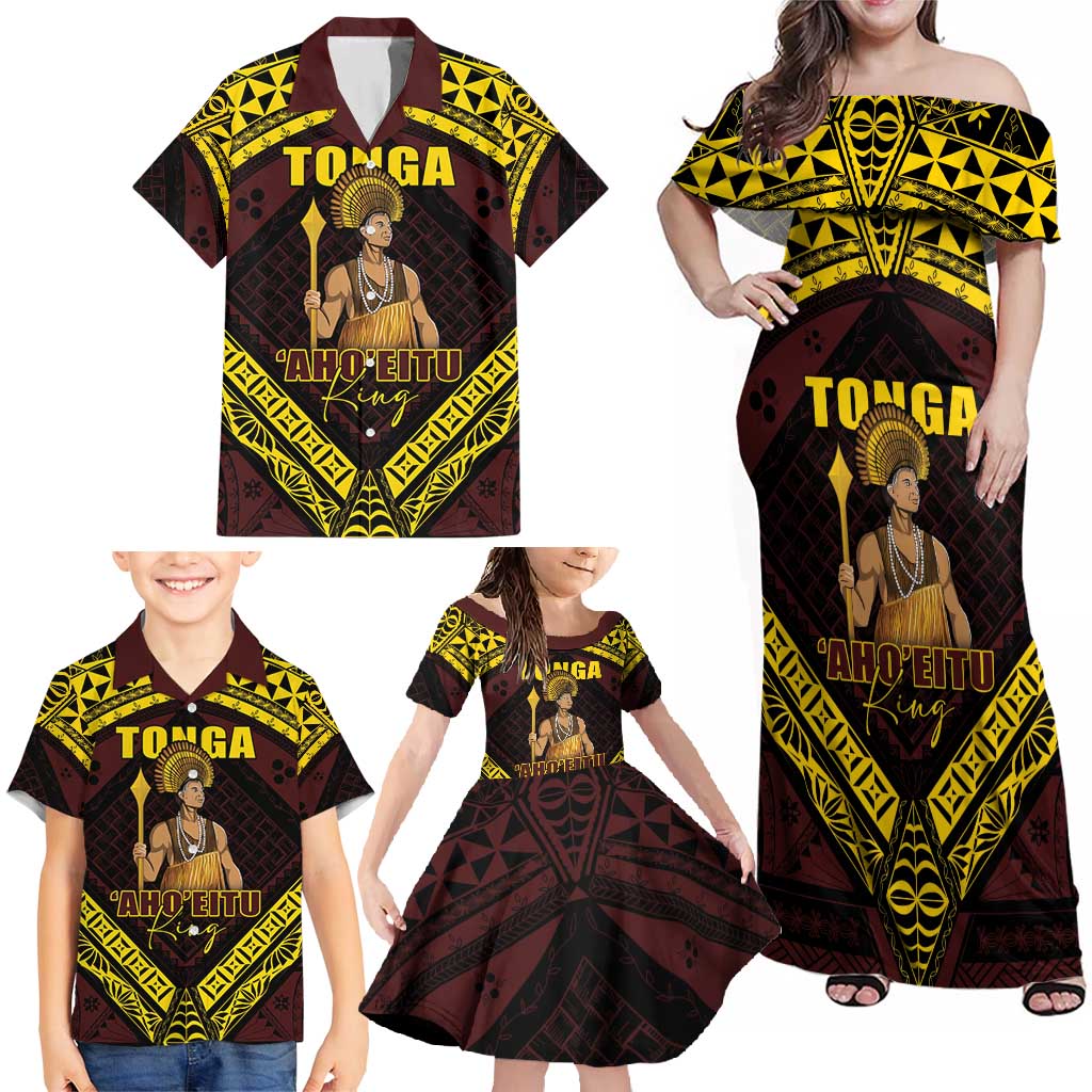 Tonga First King Family Matching Off Shoulder Maxi Dress and Hawaiian Shirt Ahoeitu Know Your Roots LT05 - Polynesian Pride