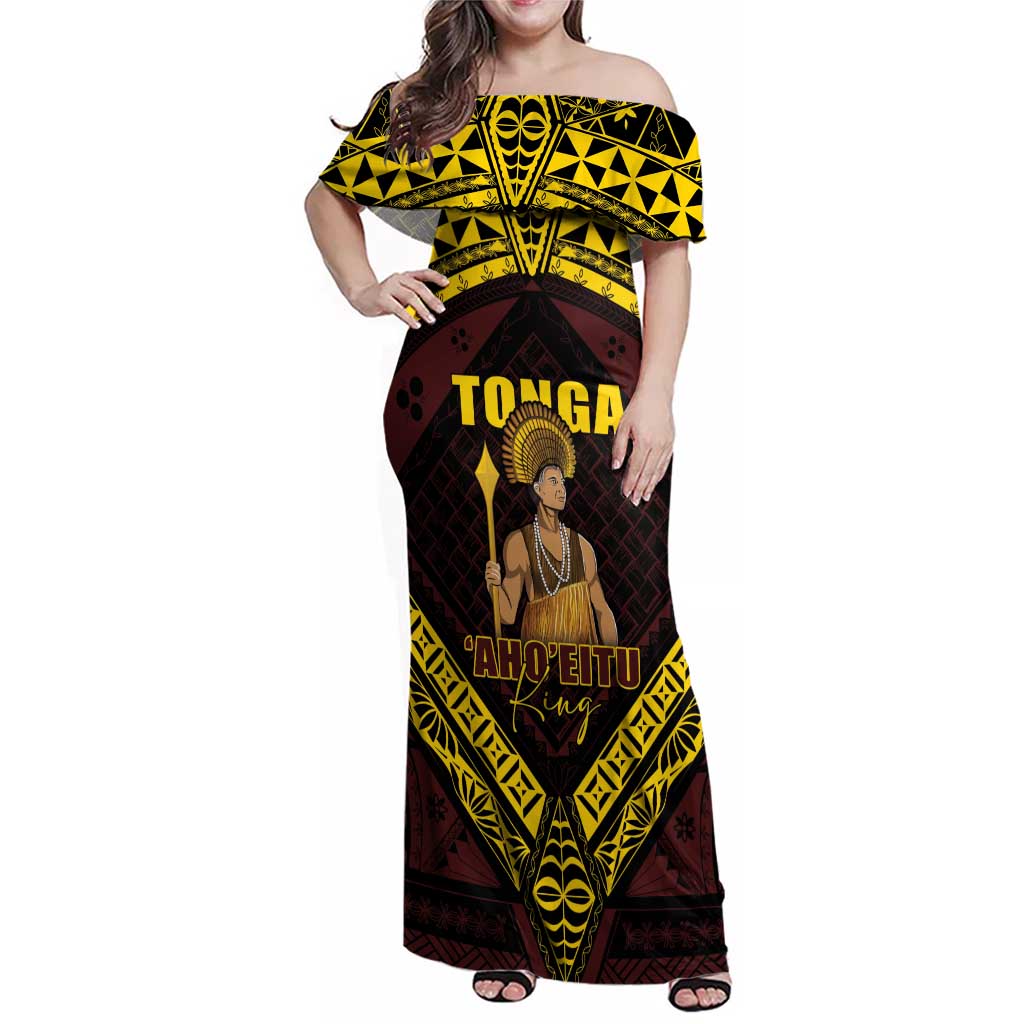 Tonga First King Family Matching Off Shoulder Maxi Dress and Hawaiian Shirt Ahoeitu Know Your Roots LT05 Mom's Dress Maroon - Polynesian Pride