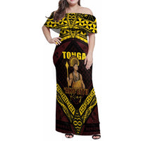 Tonga First King Family Matching Off Shoulder Maxi Dress and Hawaiian Shirt Ahoeitu Know Your Roots LT05 Mom's Dress Maroon - Polynesian Pride