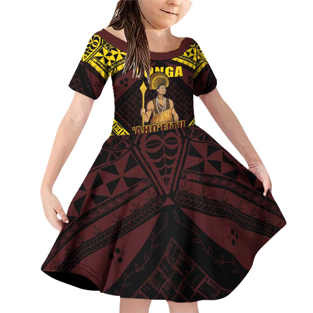 Tonga First King Family Matching Off Shoulder Short Dress and Hawaiian Shirt Ahoeitu Know Your Roots LT05 Daughter's Dress Maroon - Polynesian Pride