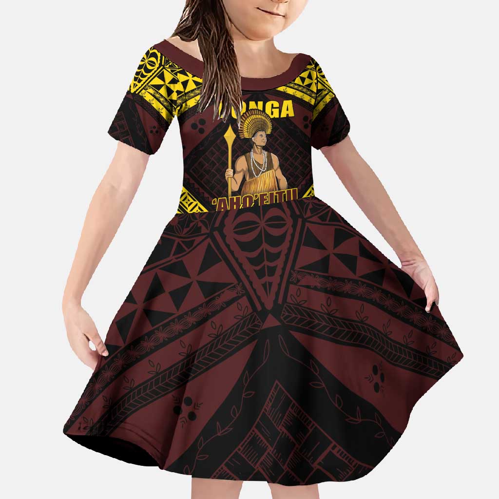 Tonga First King Family Matching Short Sleeve Bodycon Dress and Hawaiian Shirt Ahoeitu Know Your Roots LT05 Daughter's Dress Maroon - Polynesian Pride