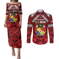 Tonga Emancipation Day Couples Matching Puletasi and Long Sleeve Button Shirt Tongan Kupesi Pattern LT05 Red - Polynesian Pride