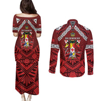 Tonga Emancipation Day Couples Matching Puletasi and Long Sleeve Button Shirt Tongan Kupesi Pattern LT05 - Polynesian Pride