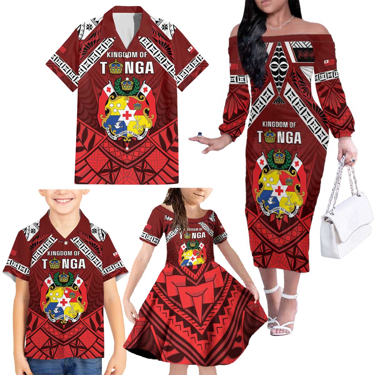 Tonga Emancipation Day Family Matching Off The Shoulder Long Sleeve Dress and Hawaiian Shirt Tongan Kupesi Pattern LT05 - Polynesian Pride