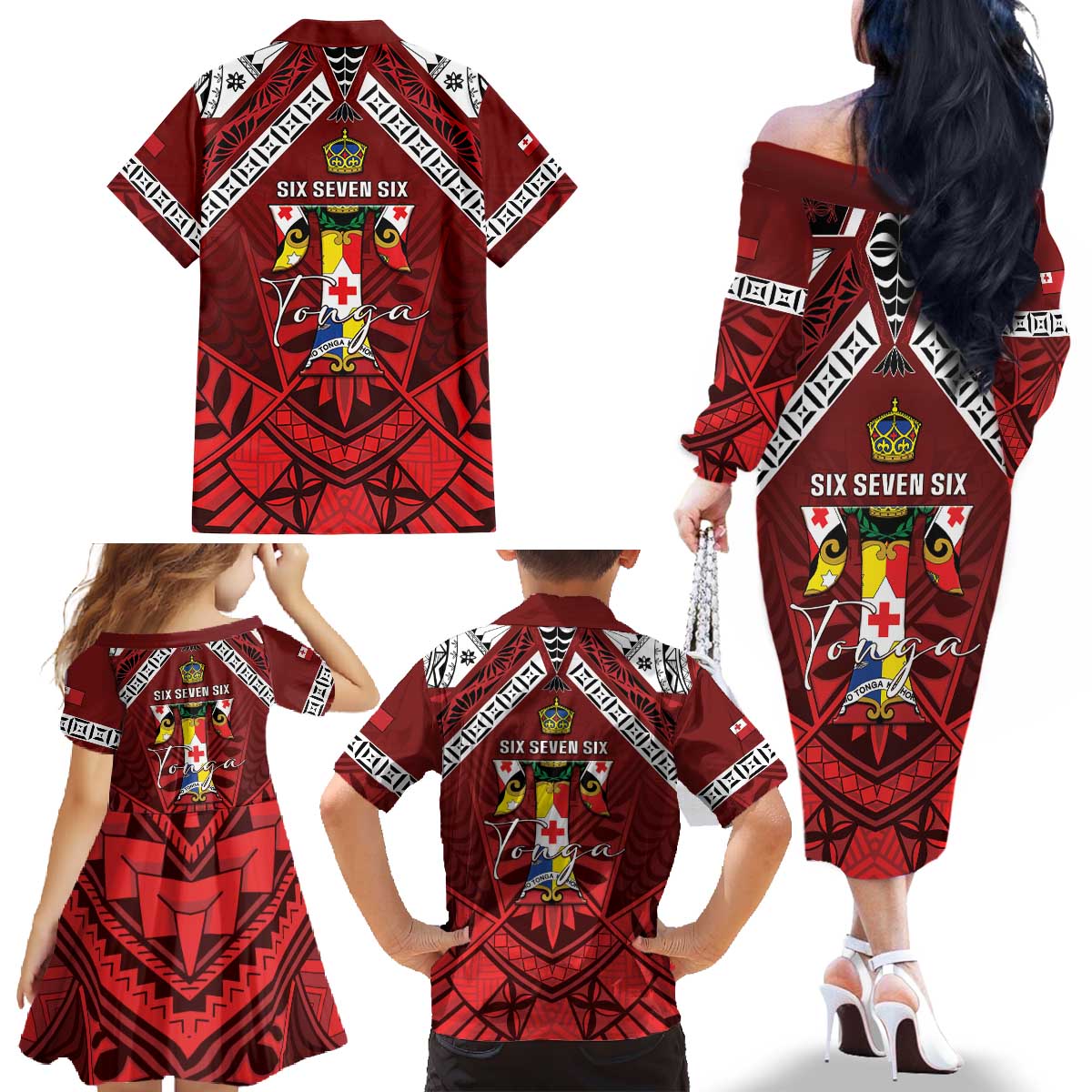Tonga Emancipation Day Family Matching Off The Shoulder Long Sleeve Dress and Hawaiian Shirt Tongan Kupesi Pattern LT05 - Polynesian Pride