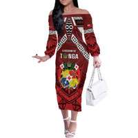 Tonga Emancipation Day Family Matching Off The Shoulder Long Sleeve Dress and Hawaiian Shirt Tongan Kupesi Pattern LT05 Mom's Dress Red - Polynesian Pride