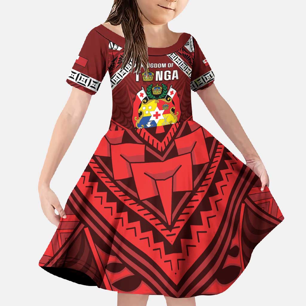 Tonga Emancipation Day Family Matching Off Shoulder Maxi Dress and Hawaiian Shirt Tongan Kupesi Pattern LT05 Daughter's Dress Red - Polynesian Pride