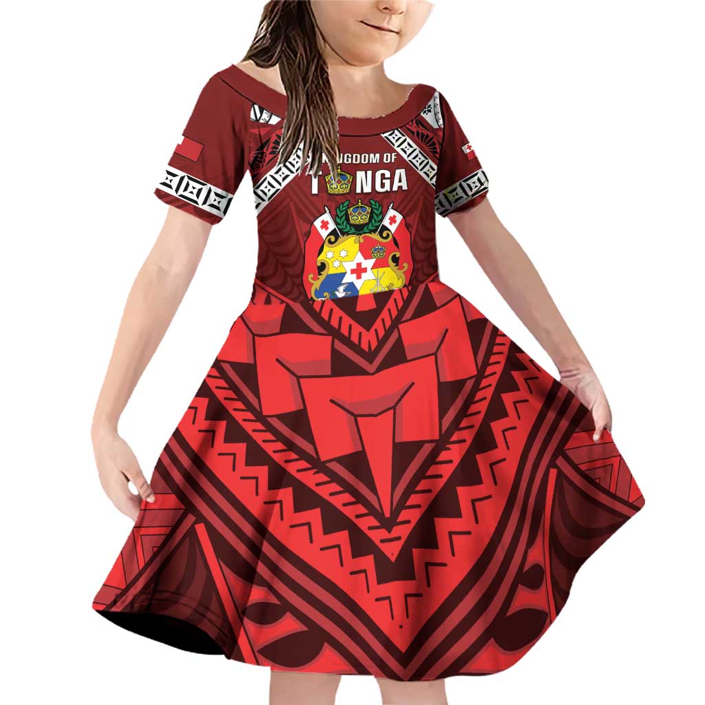 Tonga Emancipation Day Family Matching Off Shoulder Short Dress and Hawaiian Shirt Tongan Kupesi Pattern LT05 Daughter's Dress Red - Polynesian Pride