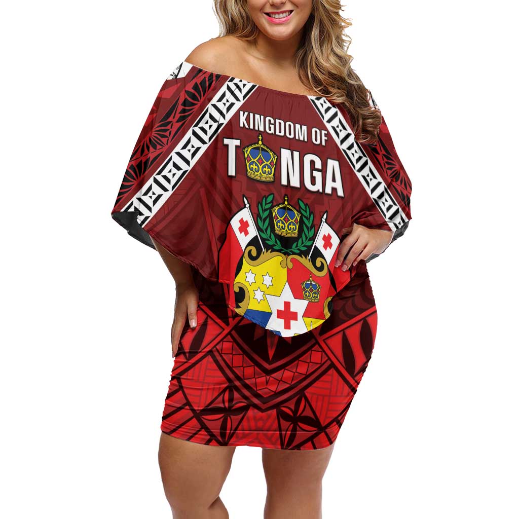 Tonga Emancipation Day Family Matching Off Shoulder Short Dress and Hawaiian Shirt Tongan Kupesi Pattern LT05 Mom's Dress Red - Polynesian Pride