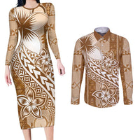 Tonga Kupesi Ngatu Couples Matching Long Sleeve Bodycon Dress and Long Sleeve Button Shirt Vintage Brown Plumeria LT05 Brown - Polynesian Pride