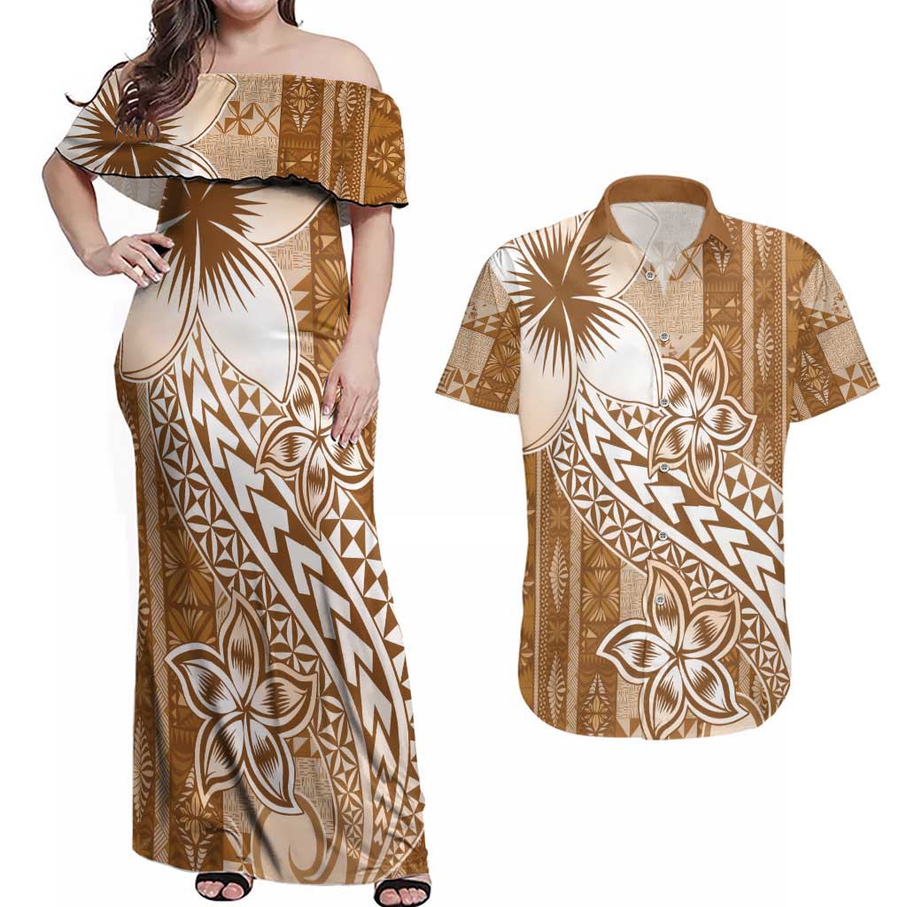 Tonga Kupesi Ngatu Couples Matching Off Shoulder Maxi Dress and Hawaiian Shirt Vintage Brown Plumeria LT05 Brown - Polynesian Pride