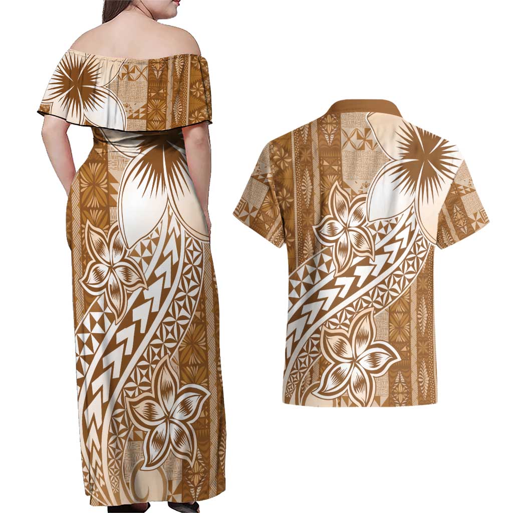 Tonga Kupesi Ngatu Couples Matching Off Shoulder Maxi Dress and Hawaiian Shirt Vintage Brown Plumeria LT05 - Polynesian Pride