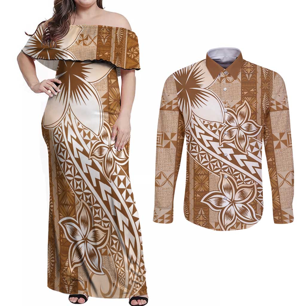 Tonga Kupesi Ngatu Couples Matching Off Shoulder Maxi Dress and Long Sleeve Button Shirt Vintage Brown Plumeria LT05 Brown - Polynesian Pride