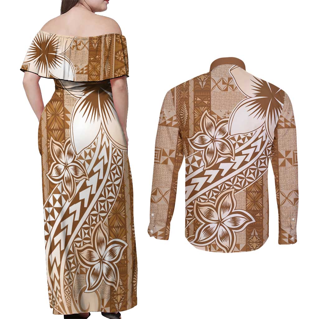 Tonga Kupesi Ngatu Couples Matching Off Shoulder Maxi Dress and Long Sleeve Button Shirt Vintage Brown Plumeria LT05 - Polynesian Pride