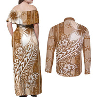 Tonga Kupesi Ngatu Couples Matching Off Shoulder Maxi Dress and Long Sleeve Button Shirt Vintage Brown Plumeria LT05 - Polynesian Pride