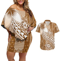 Tonga Kupesi Ngatu Couples Matching Off Shoulder Short Dress and Hawaiian Shirt Vintage Brown Plumeria LT05 Brown - Polynesian Pride