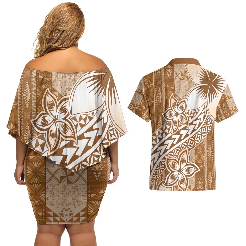 Tonga Kupesi Ngatu Couples Matching Off Shoulder Short Dress and Hawaiian Shirt Vintage Brown Plumeria LT05 - Polynesian Pride