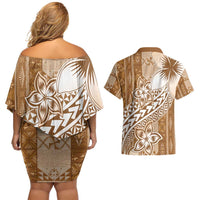 Tonga Kupesi Ngatu Couples Matching Off Shoulder Short Dress and Hawaiian Shirt Vintage Brown Plumeria LT05 - Polynesian Pride
