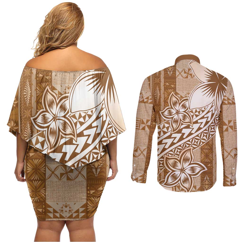 Tonga Kupesi Ngatu Couples Matching Off Shoulder Short Dress and Long Sleeve Button Shirt Vintage Brown Plumeria LT05 - Polynesian Pride