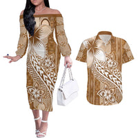 Tonga Kupesi Ngatu Couples Matching Off The Shoulder Long Sleeve Dress and Hawaiian Shirt Vintage Brown Plumeria LT05 Brown - Polynesian Pride