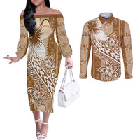 Tonga Kupesi Ngatu Couples Matching Off The Shoulder Long Sleeve Dress and Long Sleeve Button Shirt Vintage Brown Plumeria LT05 Brown - Polynesian Pride